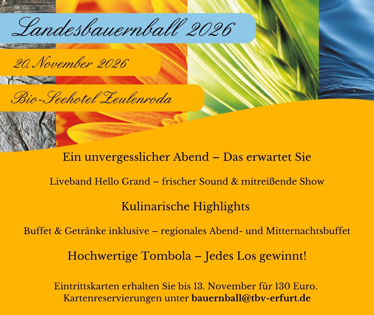 Bauernball 2026 in Zeulenroda - 20.11.2026 - Kartenbestellung über bauernball@tbv-erfurt.de